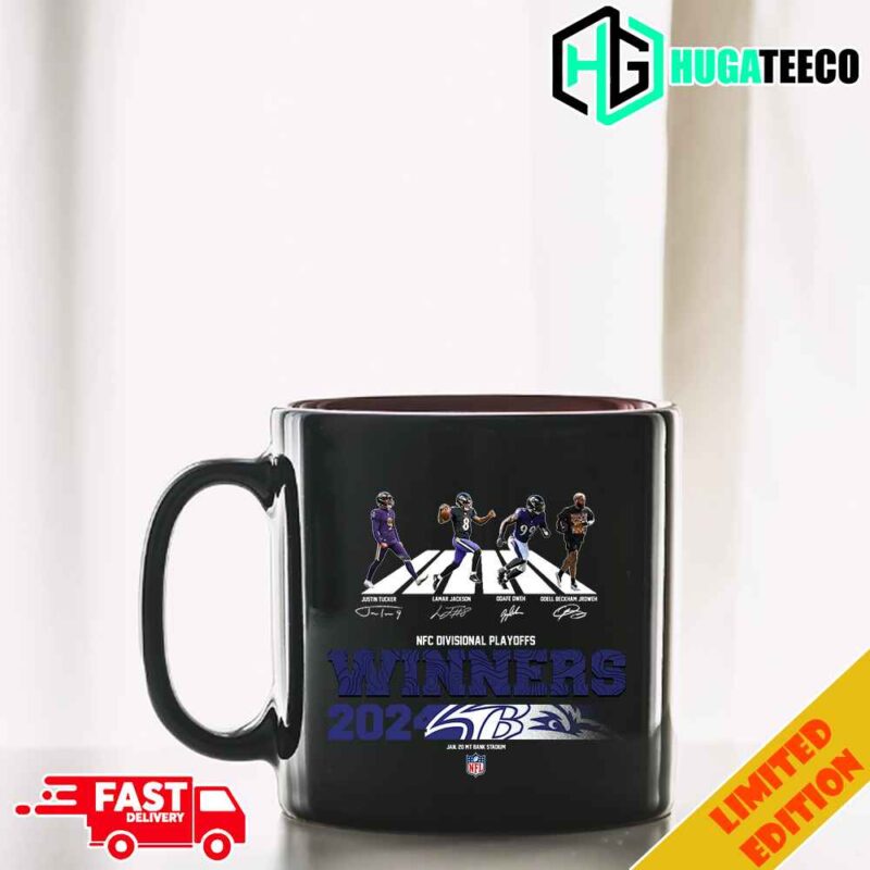 Baltimore Ravens Is Winners 2023-2024 AFC Divisional Playoffs Jan 20 2024 Levi’s Stadium Team Members NFL Logo Abbey Road Signatures Merchandise Ceramic Mug For Fans