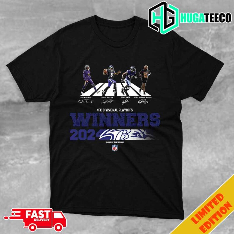 Baltimore Ravens Is Winners 2023-2024 AFC Divisional Playoffs Jan 20 2024 Levi’s Stadium Team Members NFL Logo Abbey Road Signatures T-Shirt Long Sleeve Hoodie Sweater
