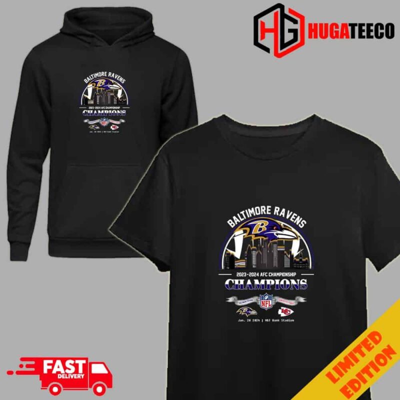 Baltimore Ravens Winners Season 2023-2024 AFC Championship NFL Super Bowl LVIII Skyline January 28 2024 MT Bank Stadium T-Shirt