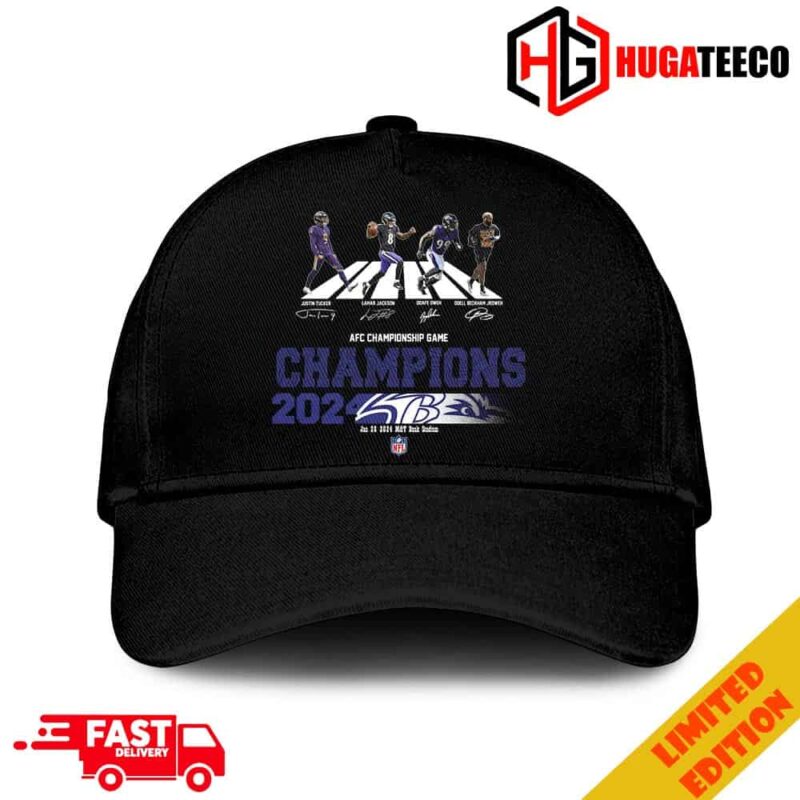 Congratulations Baltimore Ravens Is Champions Of AFC Championship Game Season 2023-2024 At Jan 28 MT Bank Stadium Abbey Road Team Member Signatures Hat-Cap