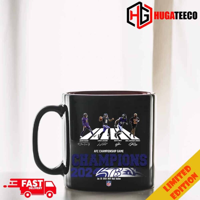 Congratulations Baltimore Ravens Is Champions Of AFC Championship Game Season 2023-2024 At Jan 28 MT Bank Stadium Abbey Road Team Member Signatures Mug