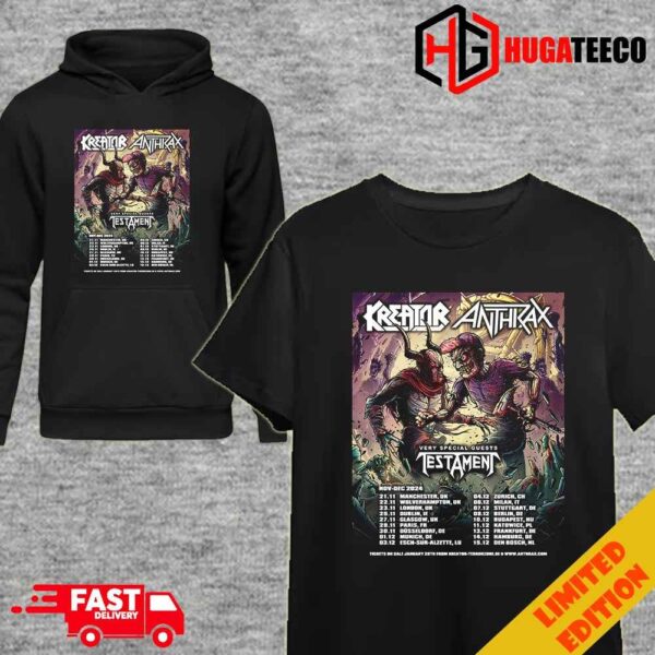 Kreator x Anthrax With Special Guests Testament Nov-Dec 2024 Tour Schedule Lists Unique T-Shirt Hoodie