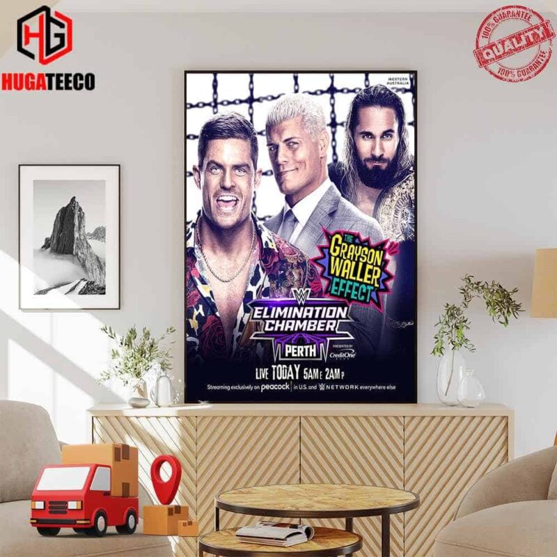 Cody Rhodes And World Heavyweight Champion Seth Rollins Join The Grayson Waller Effect At WWE Elimination Chamber Perth WWE Network Poster Canvas