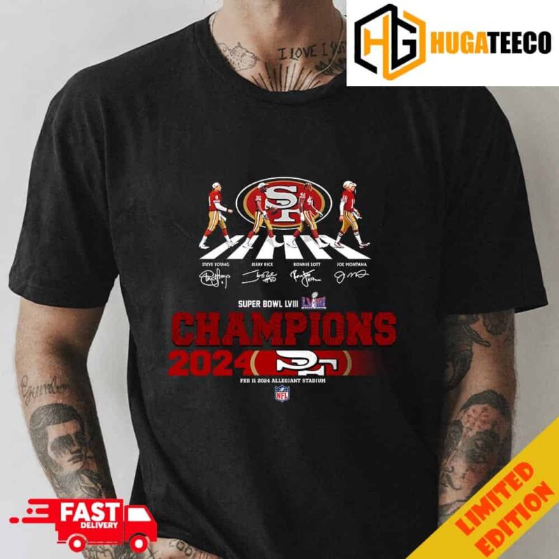 Congrats San Francisco 49ers Are Super Bowl LVIII Champions NFL Playoffs Team Abbey Road To The Victory Signatures T-Shirt