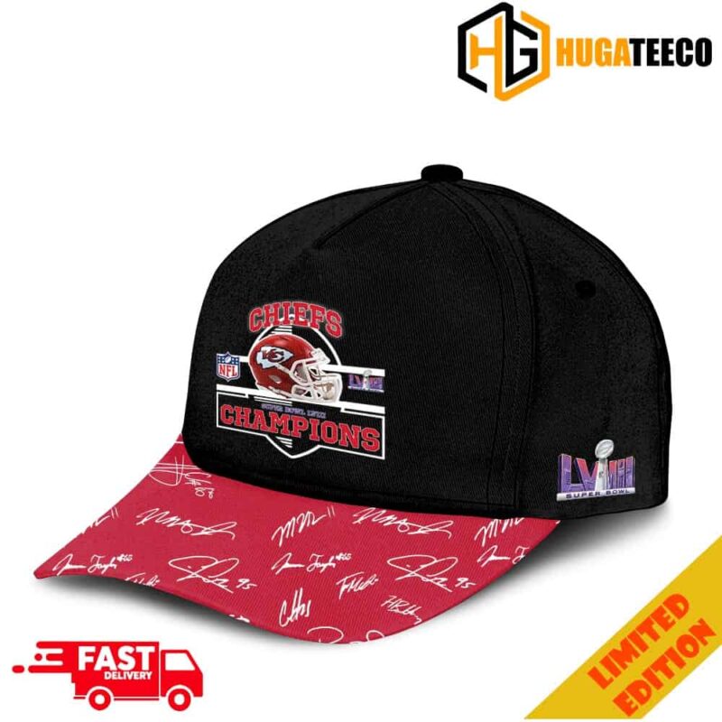 Helmet Logo Kansas City Chiefs Team Members Signatures Super Bowl LVIII 2023-2024 Champions Hat-Cap Snapback