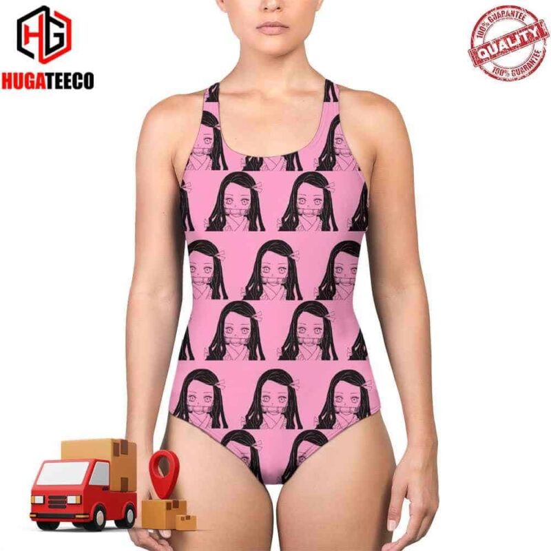 Kamado Nezuko Kimetsu No Yaiba Pink Background Swimsuit Summer Collections 2024