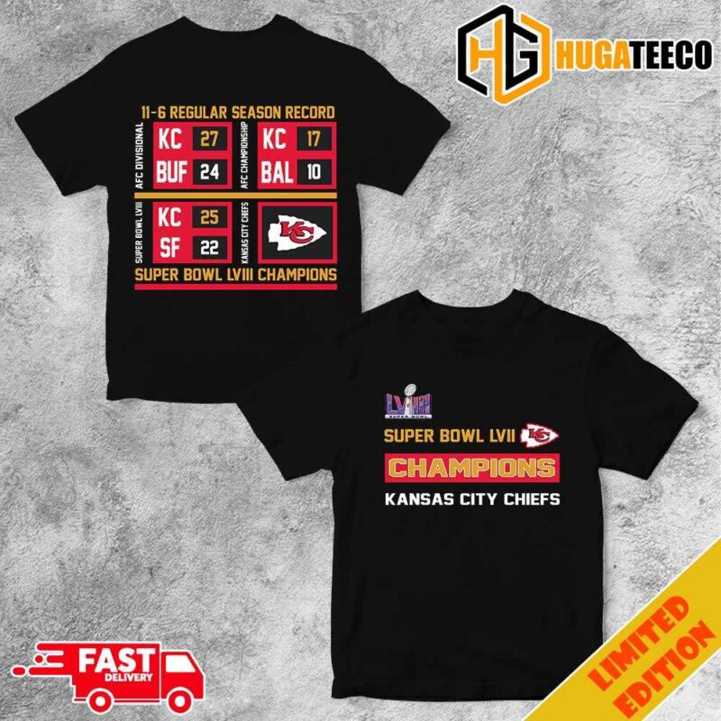 Kansas City Chiefs Super Bowl LVIII Champions Scoreboard Showcase Fan Gifts Two Sides T-Shirt