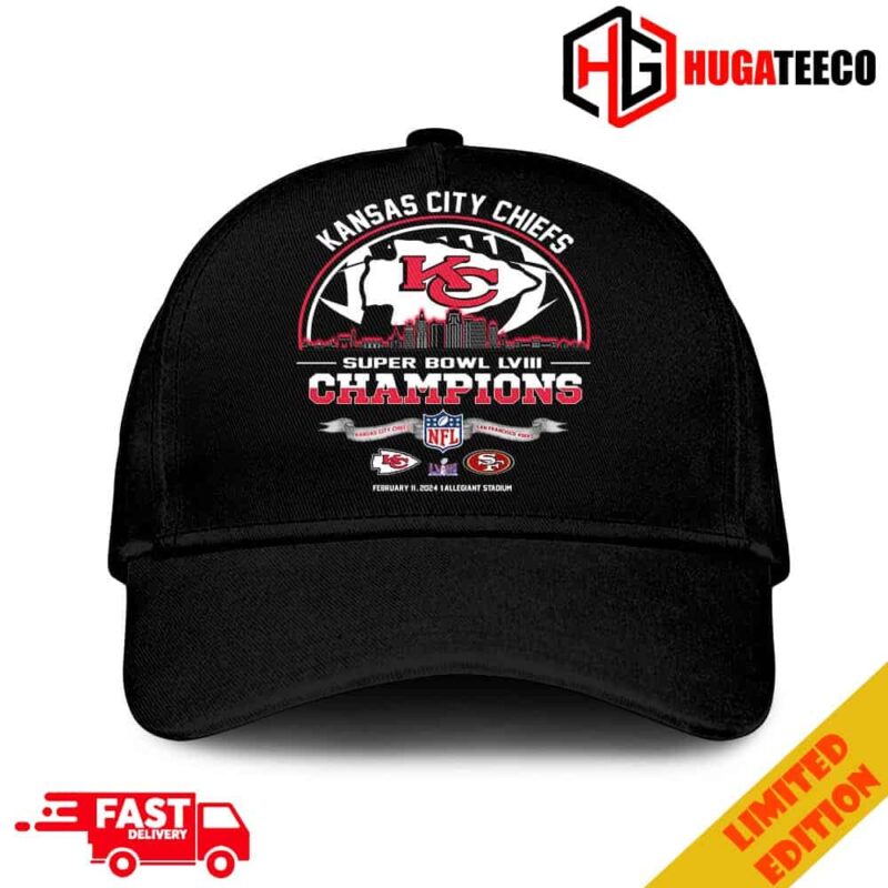 Kansas City Chiefs Super Bowl LVIII Champions Season 2023-2024 City Skyline NFL Playoffs 49ers vs Chiefs February 11 2024 Allegiant Stadium Merchandise Hat-Cap