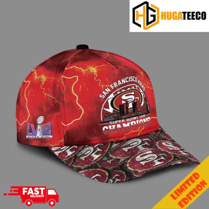 San Francisco 49ers Defeats Kansas City Chiefs Become Super Bowl LVIII Champions Skyline City Style Red Thunder Vintage Logo Pattern NFL Classic Cap Hat Snapback Merchandise