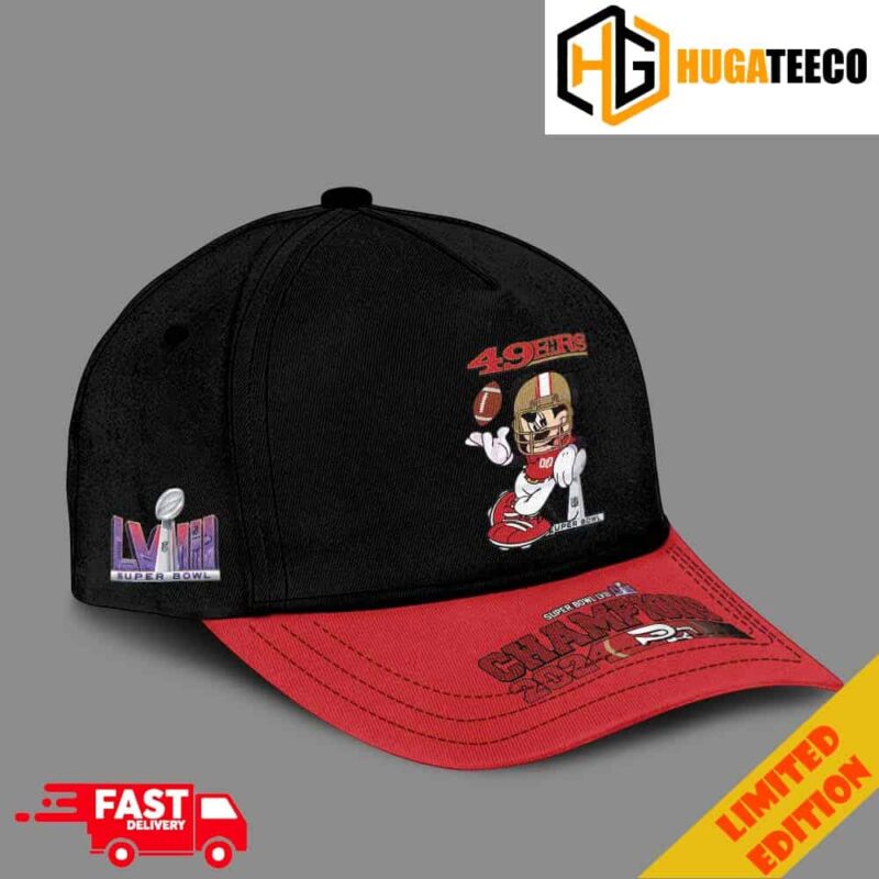 San Francisco 49ers Mickey Mouse Super Bowl LVIII Champions Classic Black And Red Cap Hat Snapback Merchandise