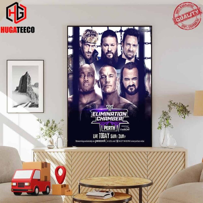 The Men’s WWE Elimination Chamber Perth Match And Get To Challenge Seth Rollins At Wrestle Mania Streaming Exclusively On Peacock In US And WWE Network Poster Canvas