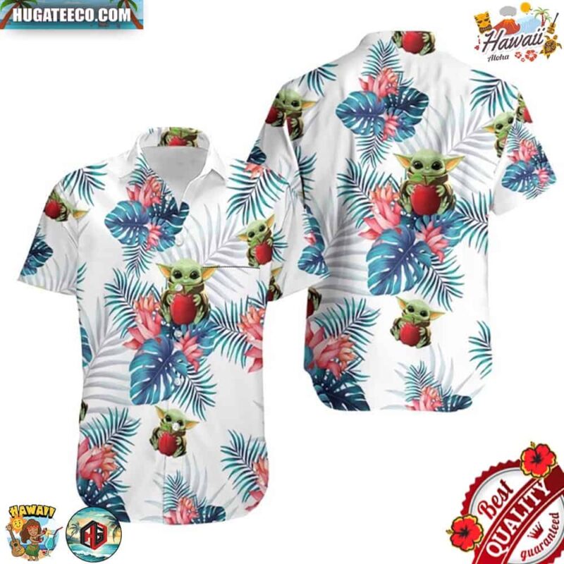 Baby Yoda Hugging Apples Tropical Blue Leaves Hawaiian Shirt