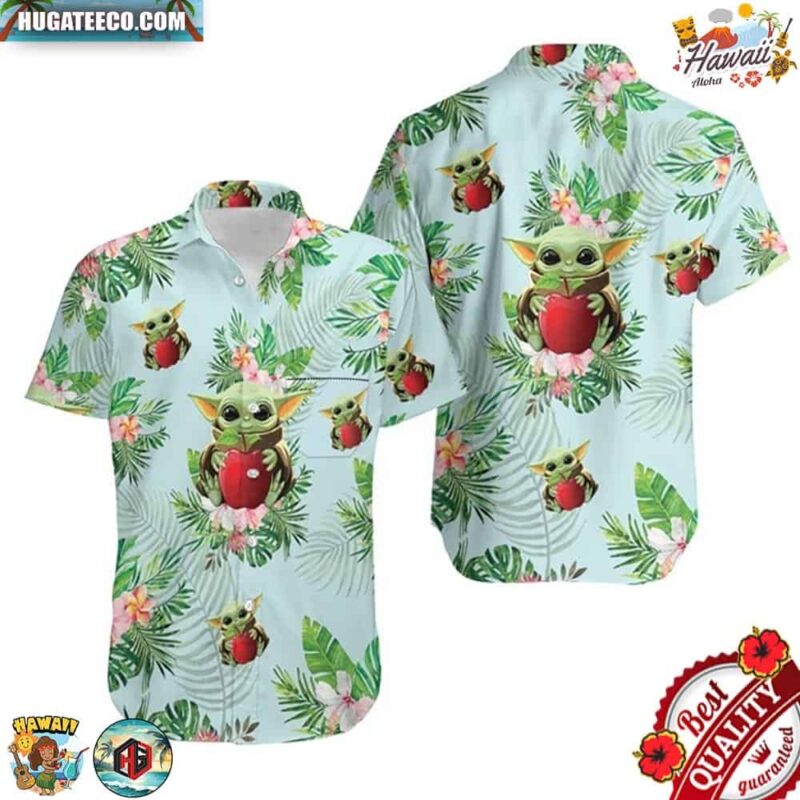 Baby Yoda Hugging Apples Tropical Green Leaves Hawaiian Shirt