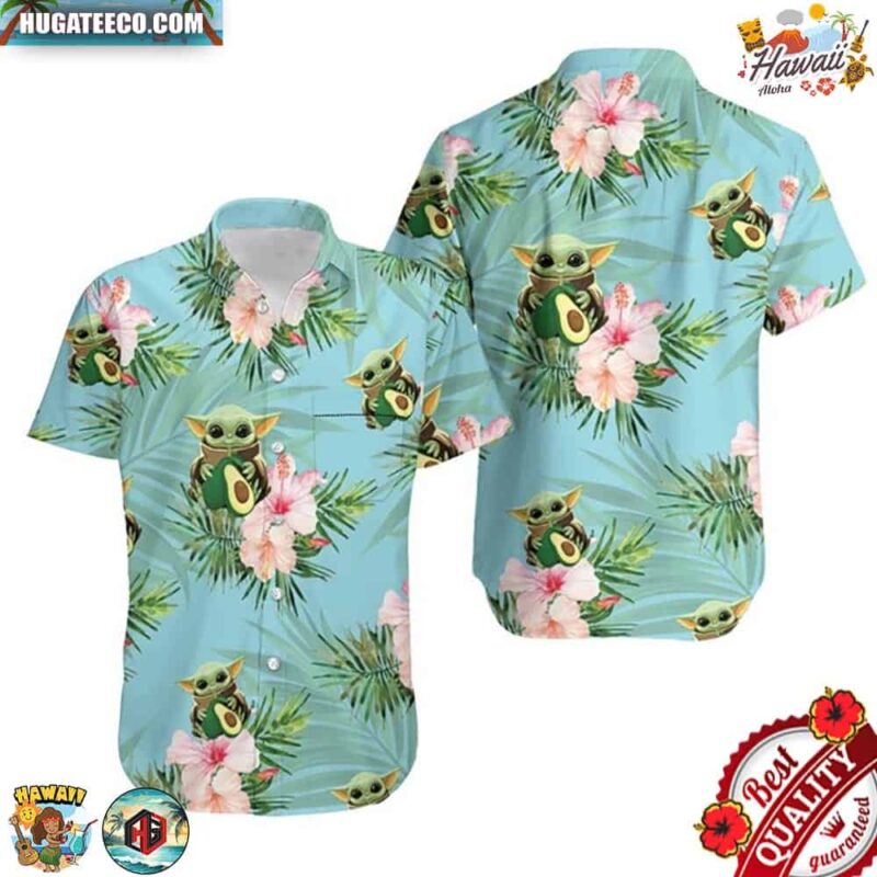 Baby Yoda Hugging Avocadoes Colorful Flowers Hawaiian Shirt