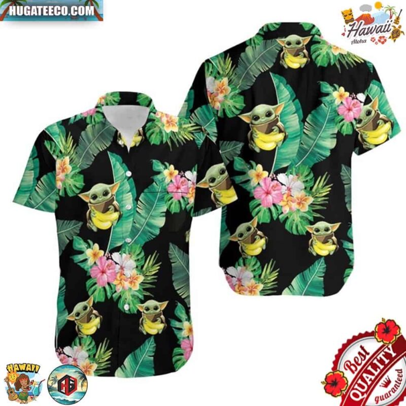 Baby Yoda Hugging Bananas Colorful Flowers Hawaiian Shirt