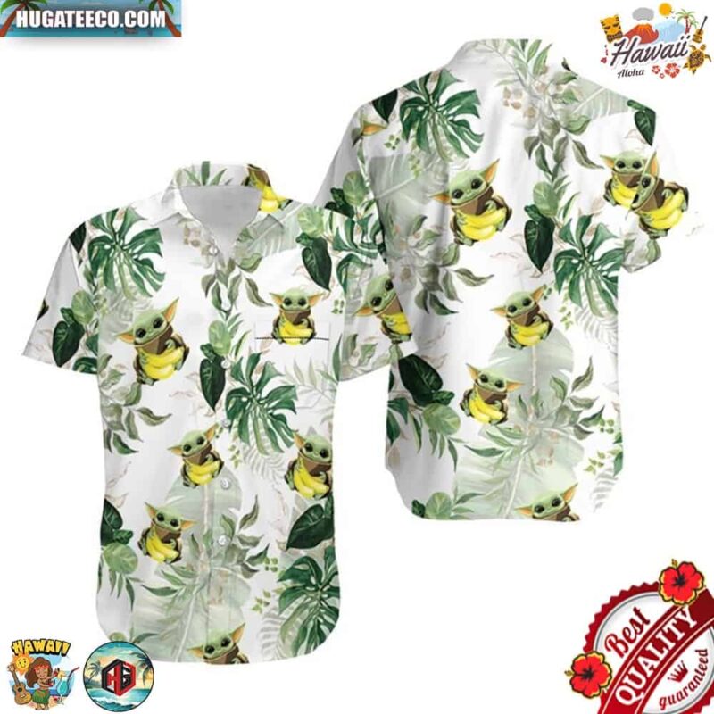 Baby Yoda Hugging Bananas Tropical Green Leaves Hawaiian Shirt