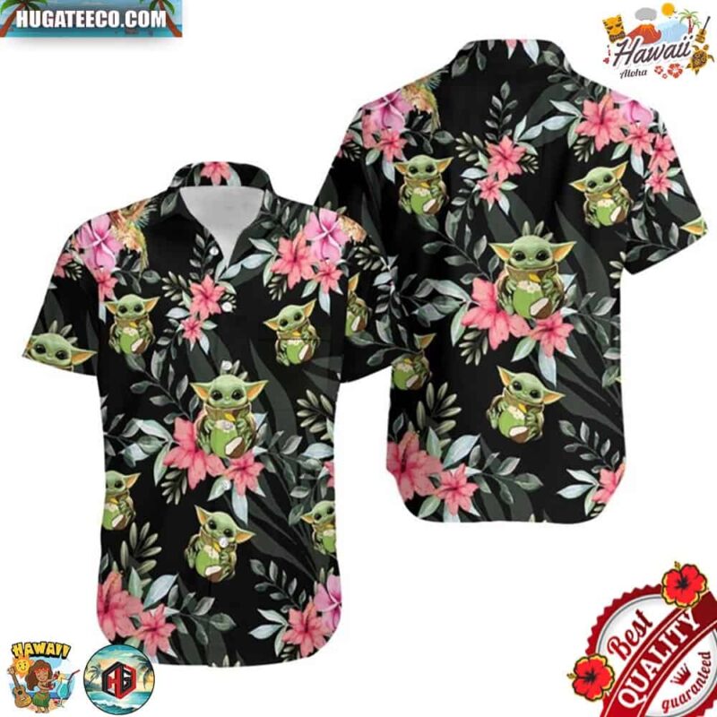 Baby Yoda Hugging Coconuts Tropical Flowers Hawaiian Shirt