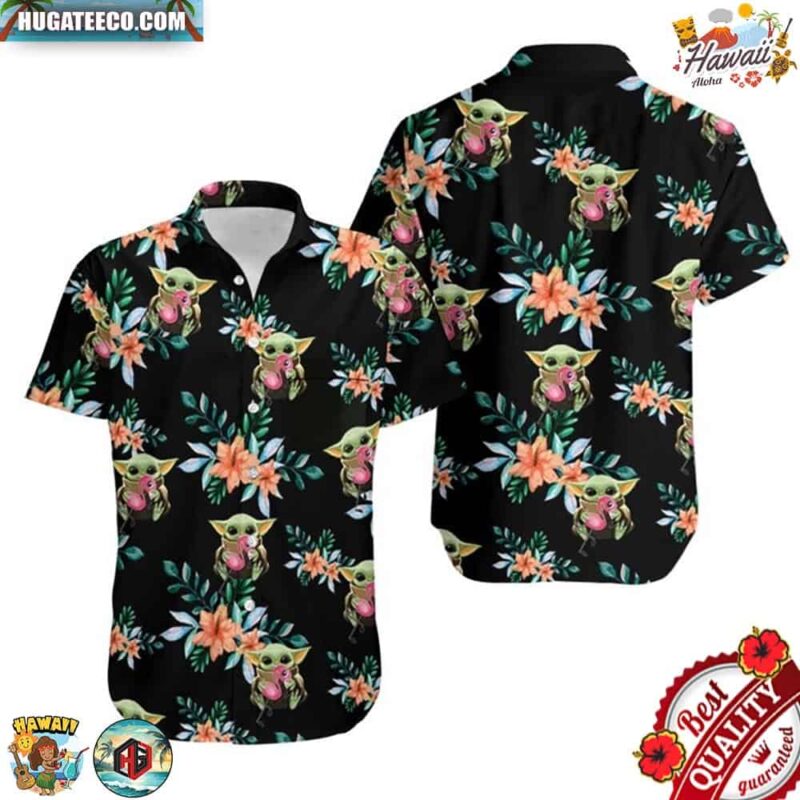 Baby Yoda Hugging Flamingos Colorful Flowers Hawaiian Shirt