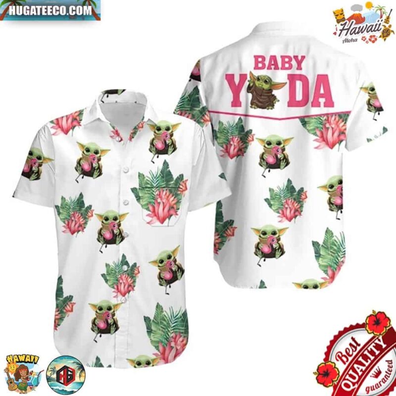 Baby Yoda Hugging Flamingos Lotuses On Black Hawaiian Shirt