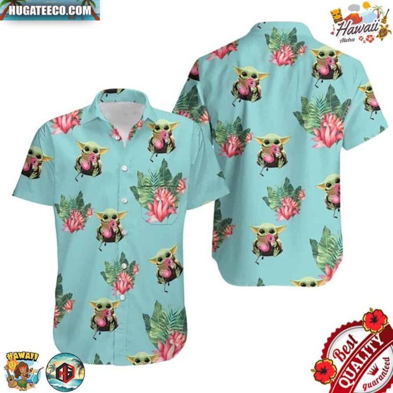 Baby Yoda Hugging Flamingos Lotuses On Teal Hawaiian Shirt
