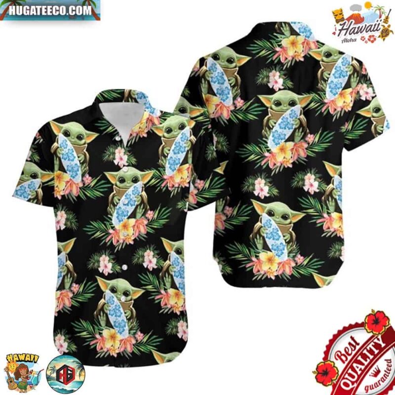 Baby Yoda Hugging Surf Boards Tropical Green Leaves Hawaiian Shirt