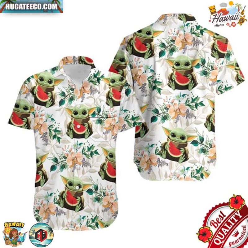 Baby Yoda Hugging Watermelons Colorful Flowers Hawaiian Shirt
