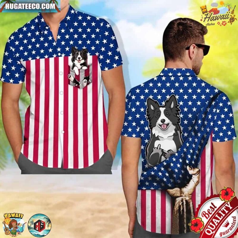 Border Collie Middle Finger American Flag Hawaiian Shirt