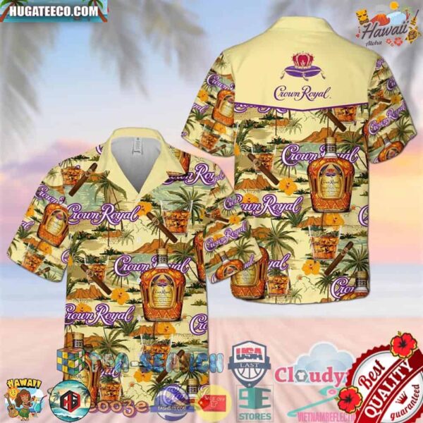 Crown Royal Canadian Whisky Palm Tree Aloha Summer Beach Hawaiian Shirt