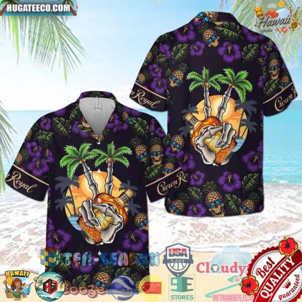 Crown Royal Pineapple Skull Flowery Aloha Summer Beach Hawaiian Shirt