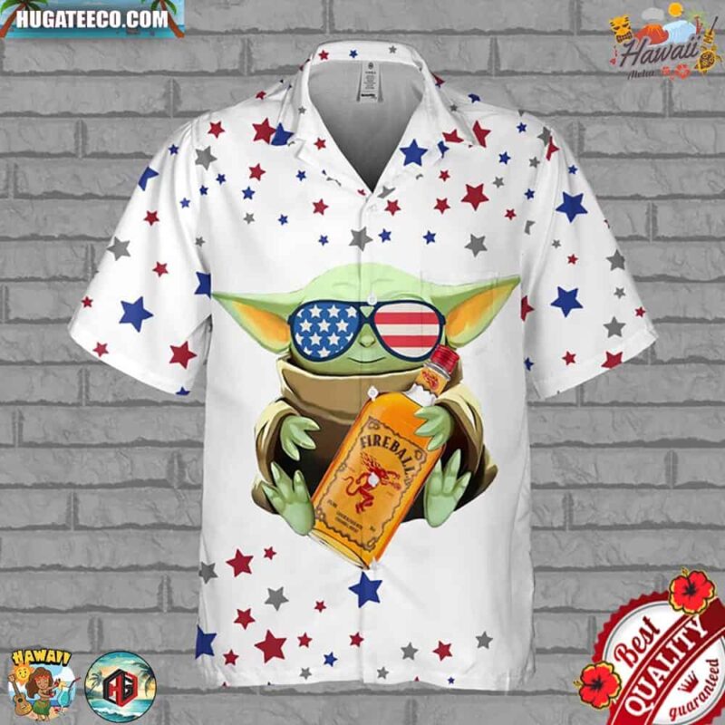 Fireball Cinnamon Baby Yoda 4th Of July Hawaiian Shirt