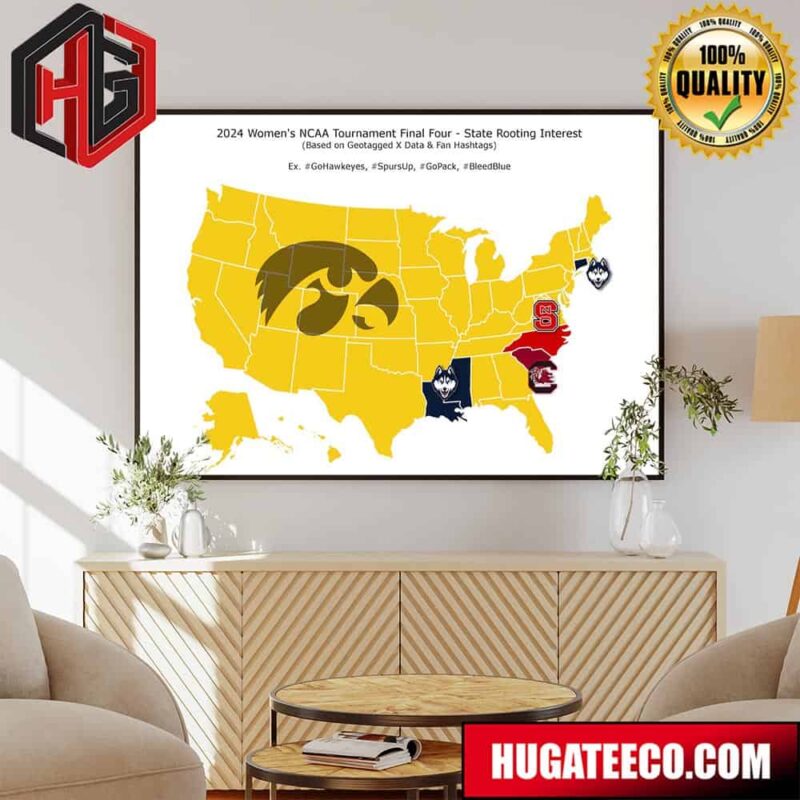 Fun Map Of 2024 Womens NCAA Tournament Final Four State Rooting Interest Based On Geotagged X Data And Fan Hashtags Poster Canvas