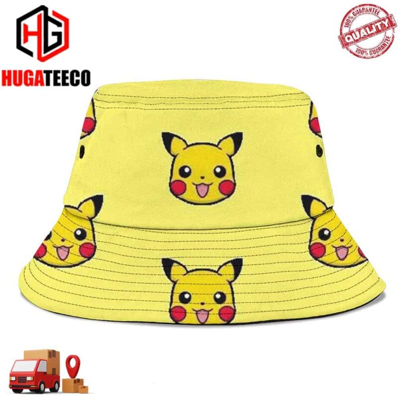Pikachu PokemonLogo Pattern Yellow Background Summer Headwear Bucket Hat-Cap For Family