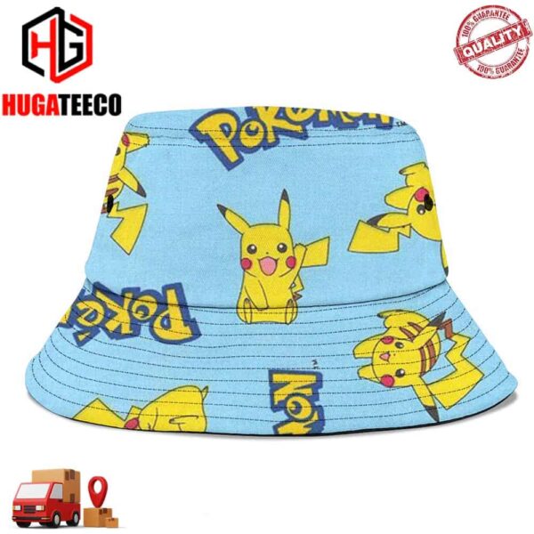 Pokemon Logo Pikachi Blue Background Summer Headwear Bucket Hat-Cap For Family