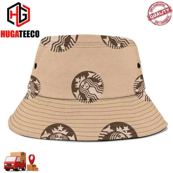 Starbucks Brown Background Patter Logo Summer Headwear Bucket Hat-Cap For Family