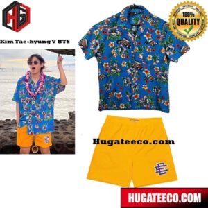 V Taehyung BTS Summer Style Blue Tropical Floral And Short Hawaiian Shirt