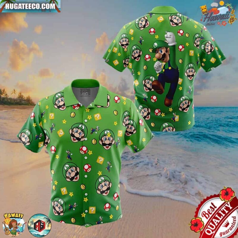 Luigi Pattern Super Mario Button Up Hawaiian Shirt