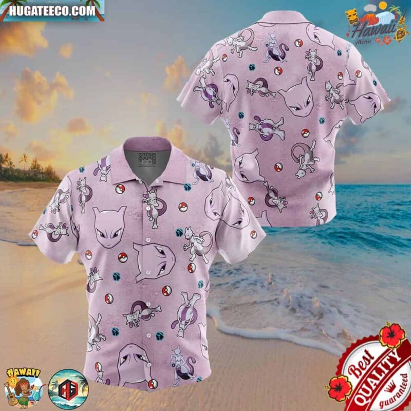 Mewtwo Pattern Pokemon Button Up Hawaiian Shirt