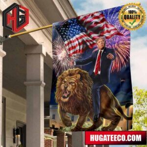 President Donald Trump With US Flag Riding Vicious Lion Campaign Flag Race For President 2 Sides Garden House Flag