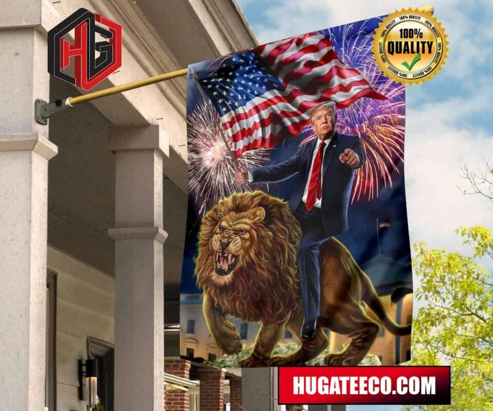President Donald Trump With US Flag Riding Vicious Lion Campaign Flag Race For President 2 Sides Garden House Flag