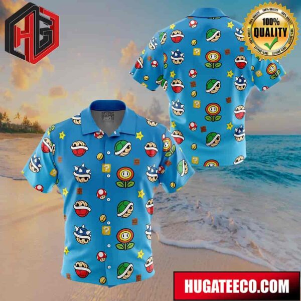 Super Mario Items Pattern Button Up Animeape Hawaiian Shirt