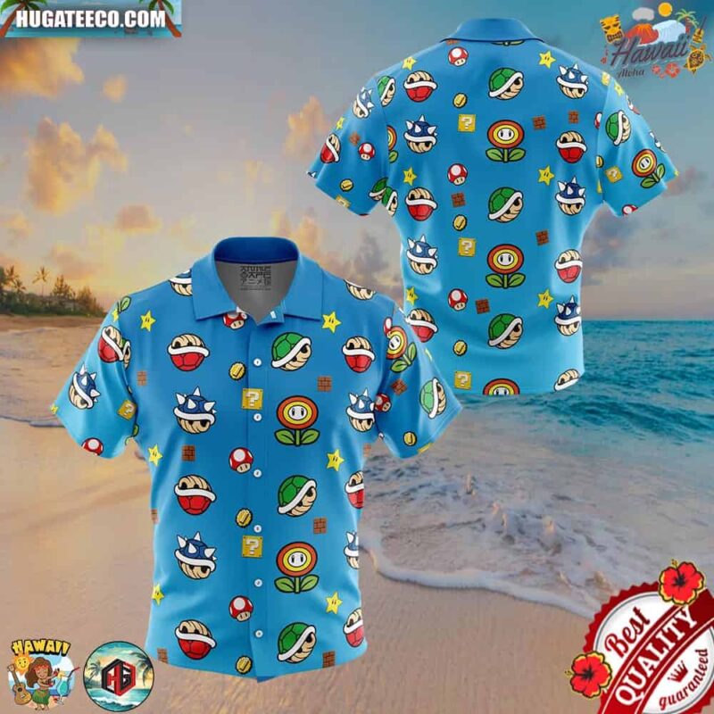 Super Mario Items Pattern Button Up Hawaiian Shirt