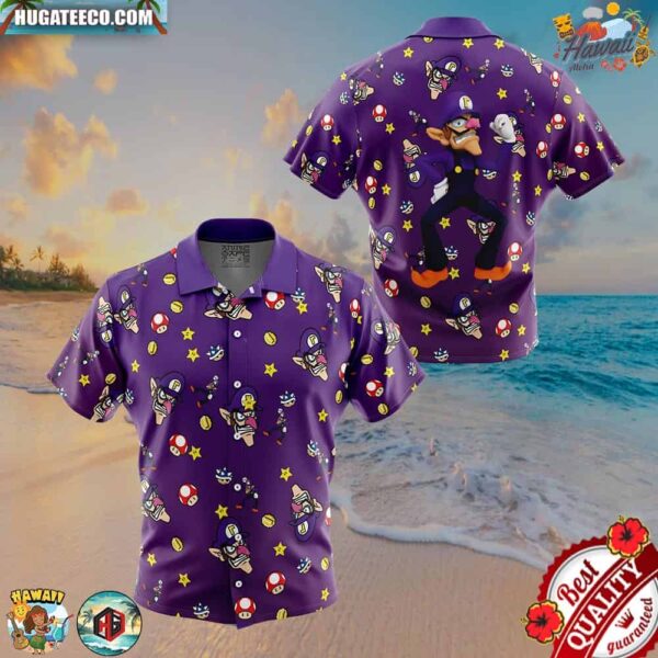 Waluigi Pattern Super Mario Button Up Hawaiian Shirt