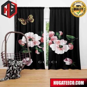 Gucci Butterfly And Flower Black Background Fashion Luxury Brand Home Decor For Living Room And Bed Room Window Curtains