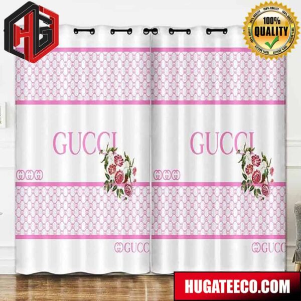 Gucci Pink Text Logo White Background Fashion Luxury Brand Home Decor For Living Room And Bed Room Window Curtains