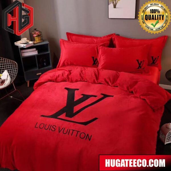 Louis Vuitton Luxury And Fashion Brand Basic Logo In Red Background For Bedroom Queen Bedding Set