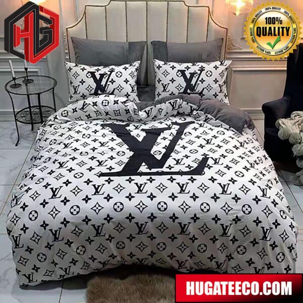 Louis Vuitton Luxury And Fashion Brand White Monogram Back Ground For Bedroom Queen Bedding Set