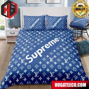 Louis Vuitton X Supreme Luxury And Fashion Brand Blue Monogram Queen For Bedroom Queen Bedding Set