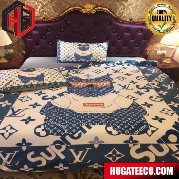 Louis Vuitton X Supreme Luxury And Fashion Brand Teddy Bear For Bedroom Queen Bedding Set
