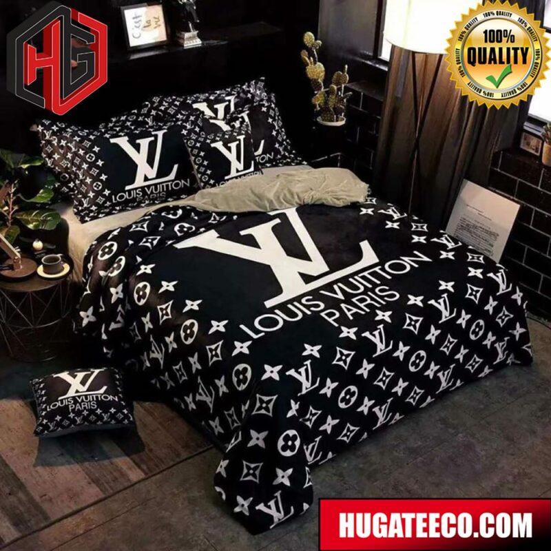 Luxury Louis Vuitton Paris Logo In Black Background For Bedroom Queen Bedding Set