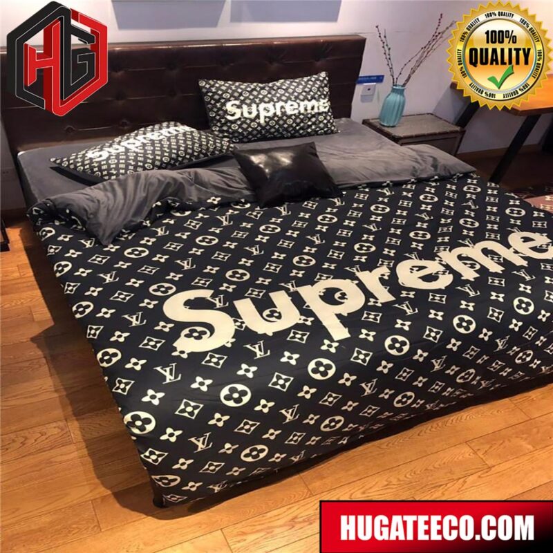 Luxury Louis Vuitton X Supreme Black Monogram For Bedroom Queen Bedding Set